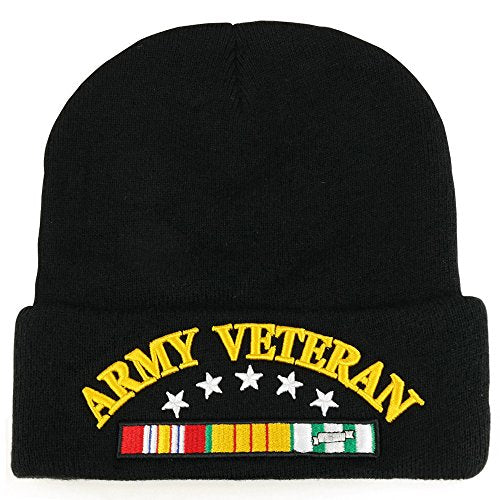 Trendy Apparel Shop Army Veteran Military Ribbon 3D Embroidered Long Cuff Beanie Cap - Black