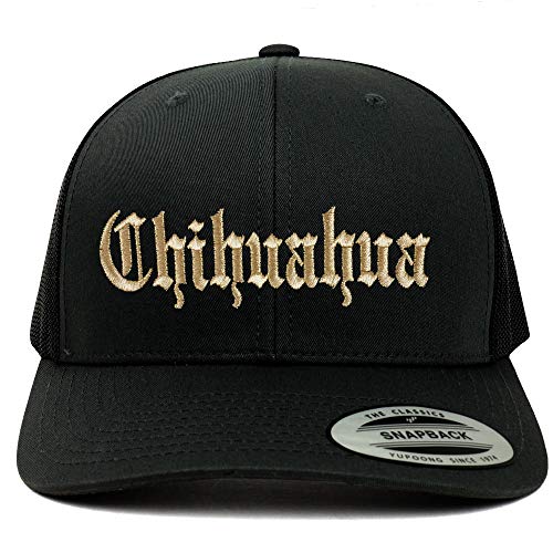 Trendy Apparel Shop Old English Chihuahua Gold Embroidered Retro Trucker Mesh Cap