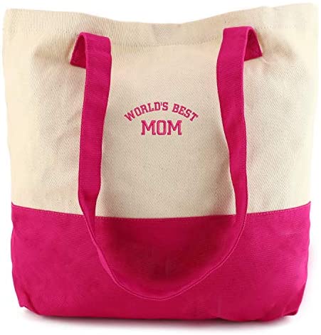 Trendy Apparel Shop World's Best Mom Embroidred Colorblock Cotton Twill Large Tote Bag