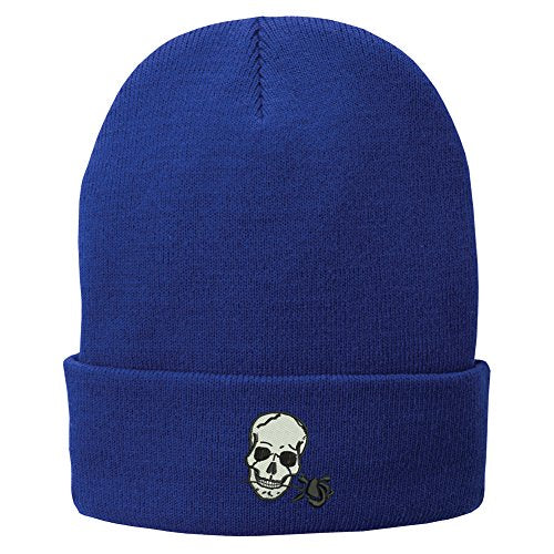 Trendy Apparel Shop Small Skull with Rose Embroidered Winter Knit Long Beanie