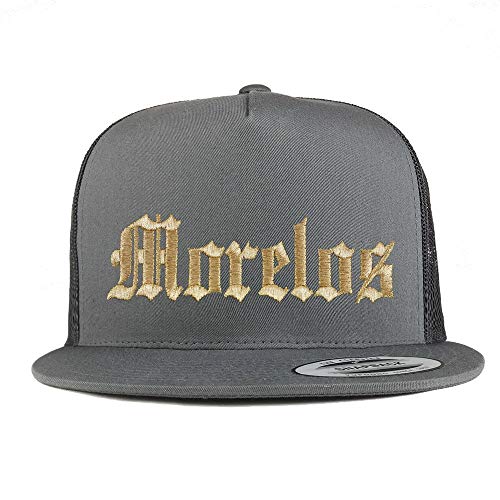Trendy Apparel Shop Old English Morelos Gold Embroidered 5 Panel Flatbill Trucker Mesh Cap