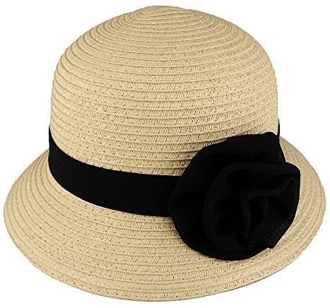 Trendy Apparel Shop Girl's Summer Paper Braid Cloche Hat with Floral Ribbon Hat Band