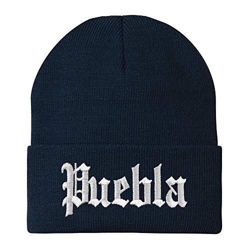 Trendy Apparel Shop Old English Puebla White Embroidered Acrylic Knit Beanie Cap