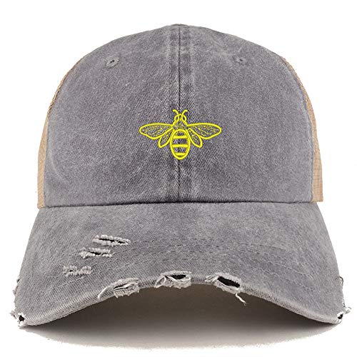 Trendy Apparel Shop Bee Embroidered Pigment Dyed Mesh Back Frayed Bill Cap