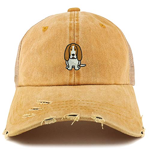 Trendy Apparel Shop Basset Hound Dog Embroidered Frayed Bill Trucker Mesh Back Cap