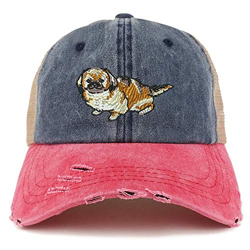 Trendy Apparel Shop Pekingese Dog Embroidered Frayed Bill Trucker Mesh Back Cap