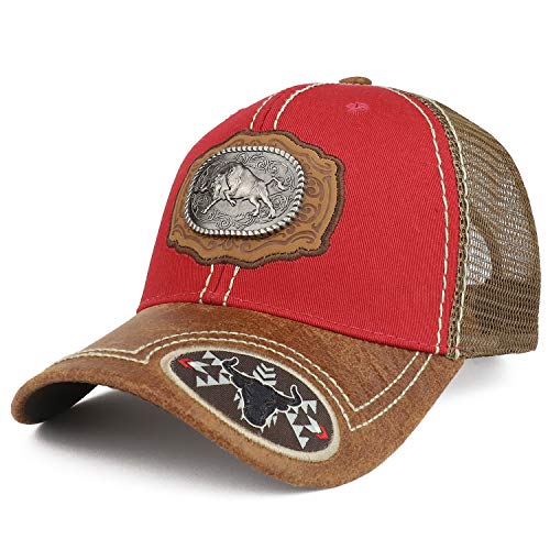Trendy Apparel Shop Metallic Bull Badge on Leather Patch Trucker Mesh Ball Cap