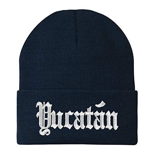 Trendy Apparel Shop Old English Yucatan White Embroidered Acrylic Knit Beanie Cap