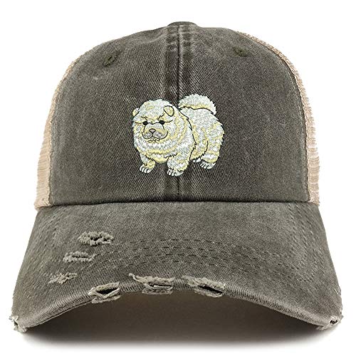 Trendy Apparel Shop Chow Chow Dog Embroidered Frayed Bill Trucker Mesh Back Cap