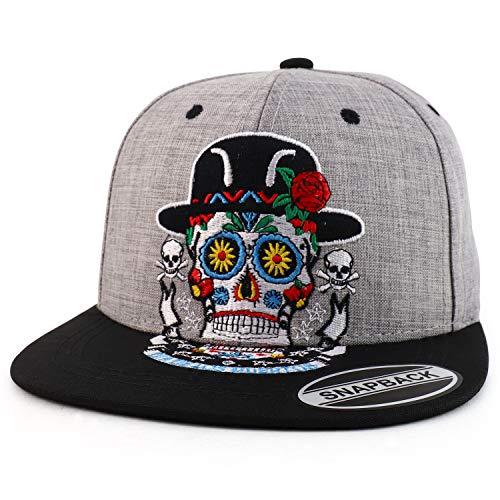 Trendy Apparel Shop Dia De Los Muerto Skull Embroidered Flatbill Snapback Cap