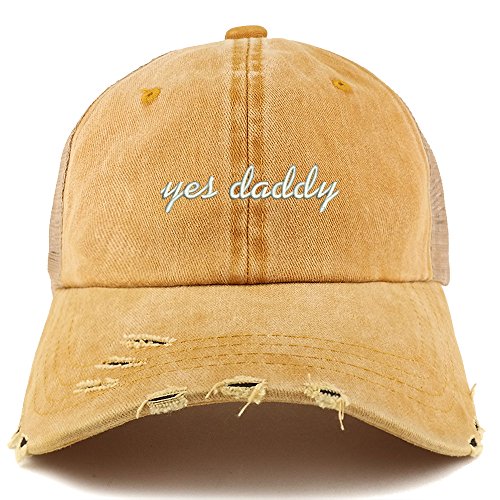 Trendy Apparel Shop Yes Daddy Embroidered Frayed Bill Trucker Mesh Back Cap
