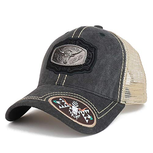 Trendy Apparel Shop Metallic Ox Bull Logo Badge Trucker Mesh Baseball Cap