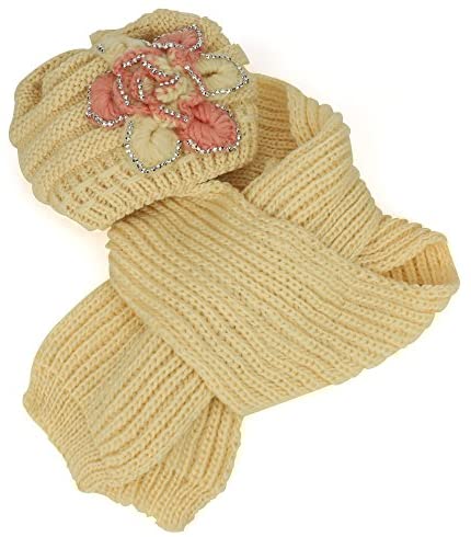 Trendy Apparel Shop Studded Floral Knitted Fleece Lined Beanie and Knit Scarf Set 2PC