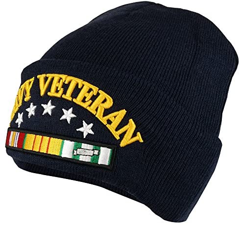 Trendy Apparel Shop Navy Veteran Military Ribbon 3D Embroidered Long Cuff Beanie Cap - Navy