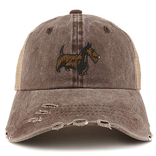Trendy Apparel Shop Scottish Terrier Dog Embroidered Frayed Bill Trucker Mesh Back Cap