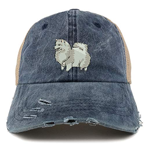 Trendy Apparel Shop Spitz Dog Embroidered Frayed Bill Trucker Mesh Back Cap