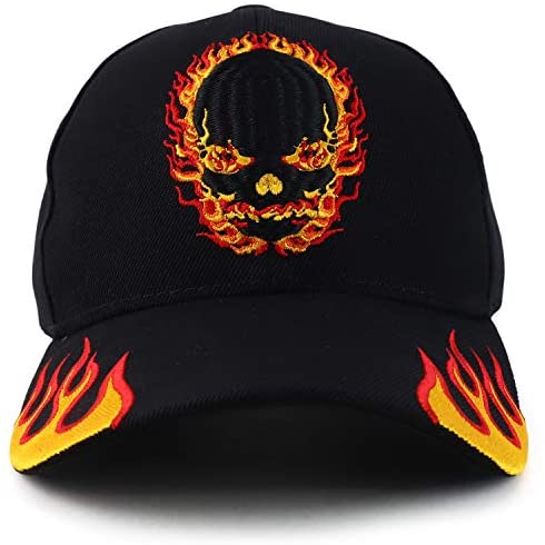 Trendy Apparel Shop Fire Skull Embroidered Flame Bill Structured Baseball Cap