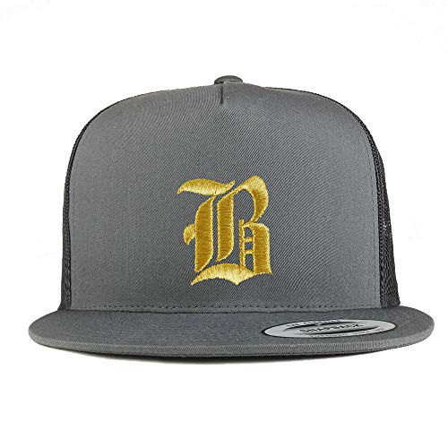 Trendy Apparel Shop Old English Gold B Embroidered 5 Panel Flatbill Trucker Mesh Cap