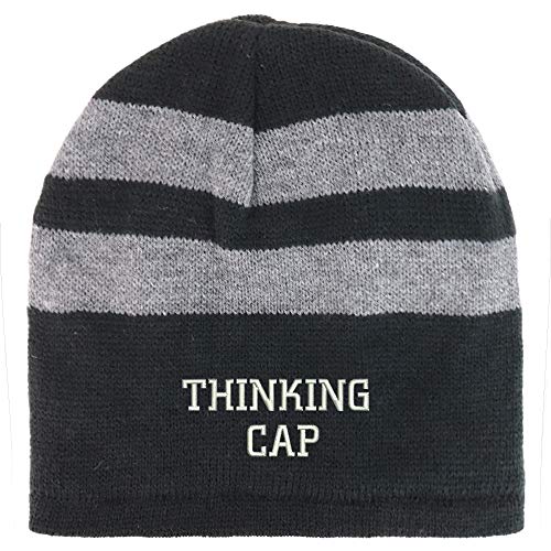 Trendy Apparel Shop Thinking Cap Embroidered Fleece Lined Striped Short Beanie