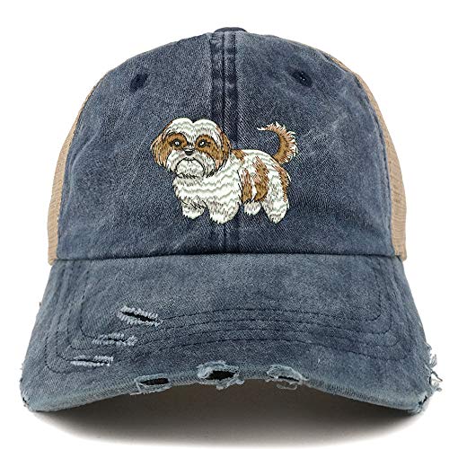 Trendy Apparel Shop Shih Tzu Dog Embroidered Frayed Bill Trucker Mesh Back Cap