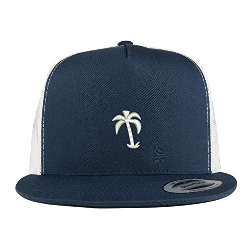 Trendy Apparel Shop Palm Tree Solid White Embroidered 5 Panel Flat Bill 2-Tone Trucker Mesh Cap