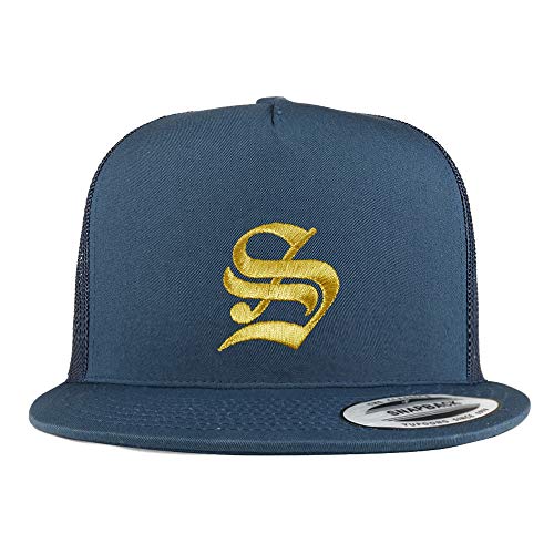 Trendy Apparel Shop Old English Gold S Embroidered 5 Panel Flatbill Trucker Mesh Cap