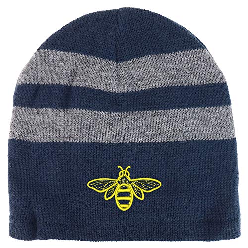 Trendy Apparel Shop Bee Embroidered Fleece Lined Striped Short Beanie