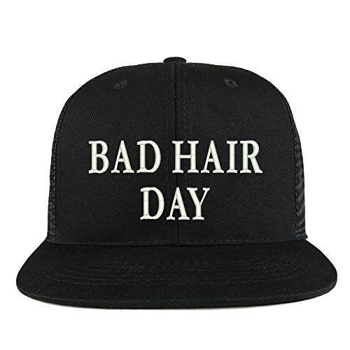 Trendy Apparel Shop Bad Hair Day Embroidered Cotton Flat Bill Mesh Back Trucker Cap