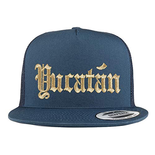 Trendy Apparel Shop Old English Yucatan Gold Embroidered 5 Panel Flatbill Trucker Mesh Cap