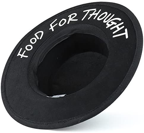 Trendy Apparel Shop Women's Poly Faux Felt Panama Hat with Text 'Food for Thought' Underbrim - Black