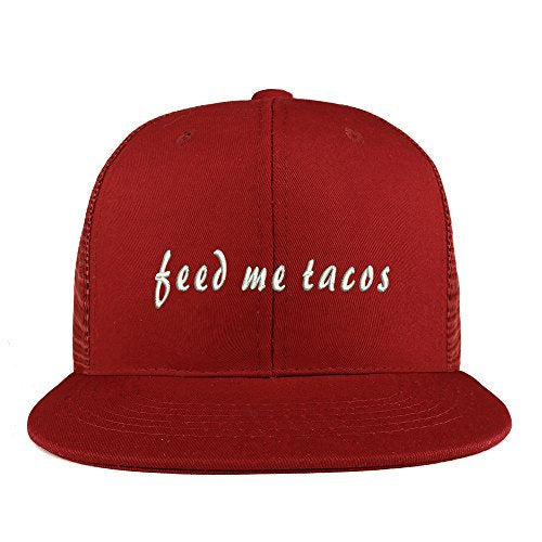 Trendy Apparel Shop Feed Me Tacos Embroidered Cotton Flat Bill Mesh Back Trucker Cap