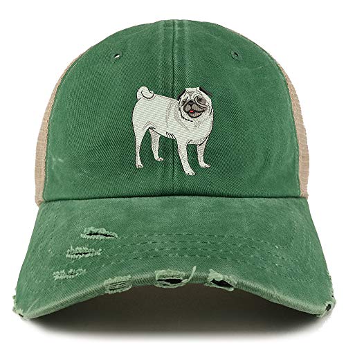 Trendy Apparel Shop Pug Dog Embroidered Frayed Bill Trucker Mesh Back Cap