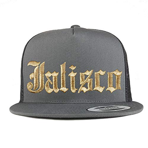 Trendy Apparel Shop Old English Jalisco Gold Embroidered 5 Panel Flatbill Trucker Mesh Cap