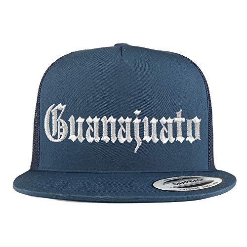 Trendy Apparel Shop Old English Guanajuato White Embroidered 5 Panel Flatbill Trucker Mesh Cap