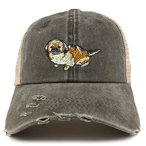 Trendy Apparel Shop Pekingese Dog Embroidered Frayed Bill Trucker Mesh Back Cap