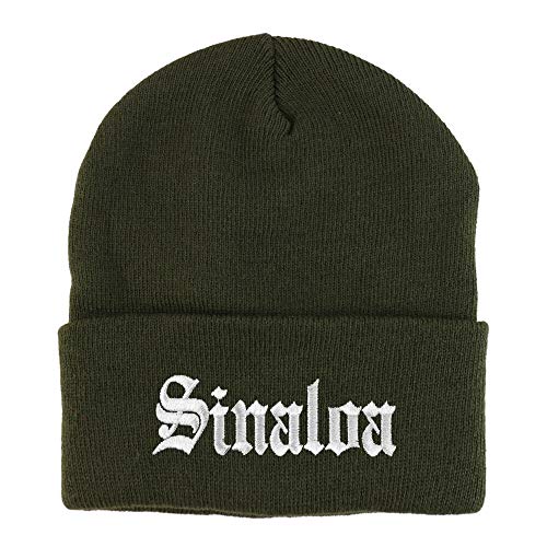 Trendy Apparel Shop Old English Sinaloa White Embroidered Acrylic Knit Beanie Cap