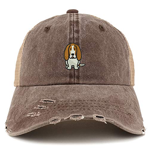 Trendy Apparel Shop Basset Hound Dog Embroidered Frayed Bill Trucker Mesh Back Cap