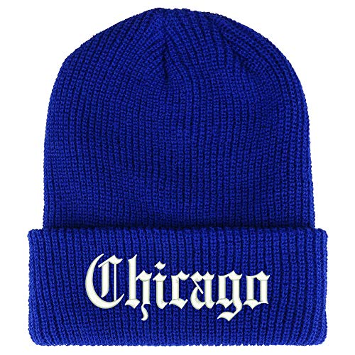 Trendy Apparel Shop Old English Font Chicago City Embroidered Ribbed Cuff Knit Beanie