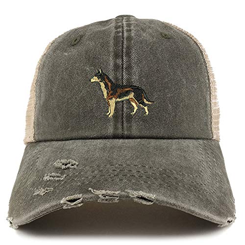 Trendy Apparel Shop Dark German Shepherd Dog Embroidered Frayed Bill Trucker Mesh Back Cap