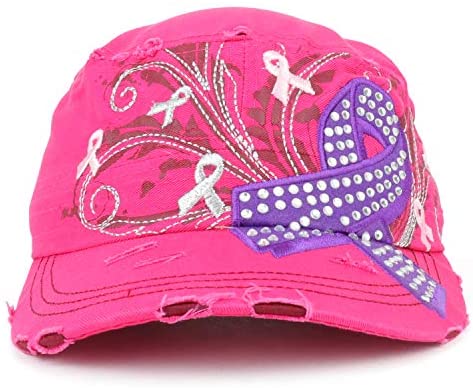 Trendy Apparel Shop Studded Pancreatic Cancer Awareness Frayed Flat Top Style Army Cap - HOT Pink