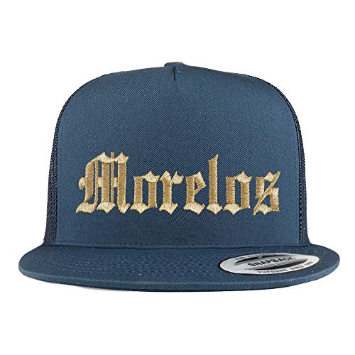 Trendy Apparel Shop Old English Morelos Gold Embroidered 5 Panel Flatbill Trucker Mesh Cap
