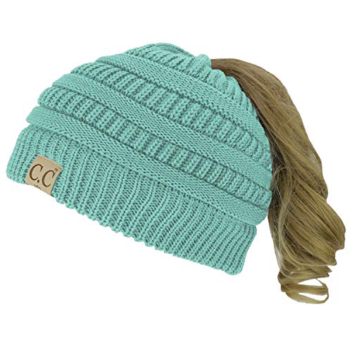 Trendy Apparel Shop Women's Lightweight Ribbed Knit 365 Stretchable Ponytail Beanie Cap