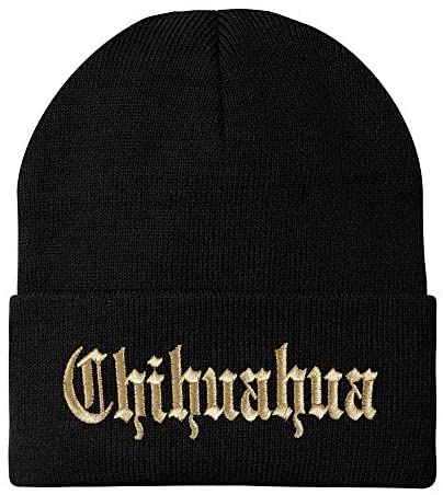 Trendy Apparel Shop Old English Chihuahua Gold Embroidered Acrylic Knit Beanie Cap