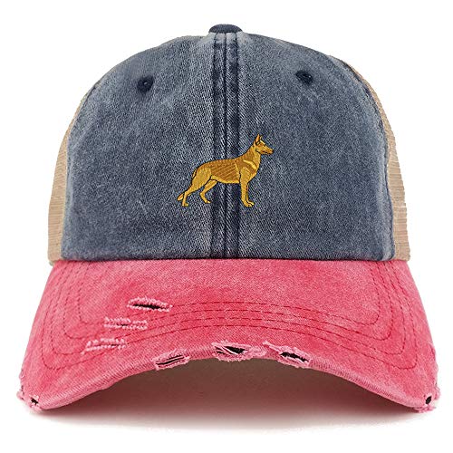 Trendy Apparel Shop German Shepherd Dog Embroidered Frayed Bill Trucker Mesh Back Cap