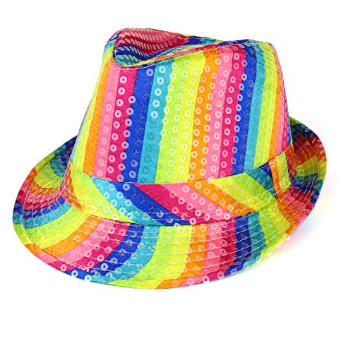 Trendy Apparel Shop Colorful Rainbow Striped Shiny Sequin Fedora Hat - Rainbow