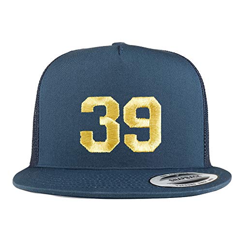 Trendy Apparel Shop Number 39 Gold Thread Embroidered Flat Bill 5 Panel Trucker Cap