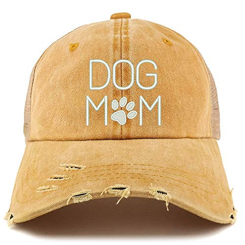 Trendy Apparel Shop Dog Mom with Paw Embroidered Frayed Bill Trucker Mesh Back Cap