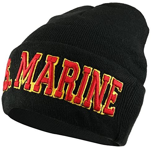 Trendy Apparel Shop US Marine Text 3D Embroidered Long Cuff Winter Beanie - Black