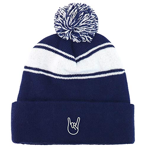 Trendy Apparel Shop Rock On Logo Two Tone Pom Striped Long Beanie Hat