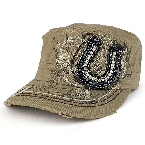 Trendy Apparel Shop Fancy Horseshoe Cubic Stone Decorated Flat Top Style Flat Top Army Cap